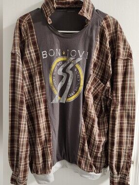 Upcycled and Oversized Plaid Shirt Mix With Bon Jovi Tee, Brown/Grey , Size XL